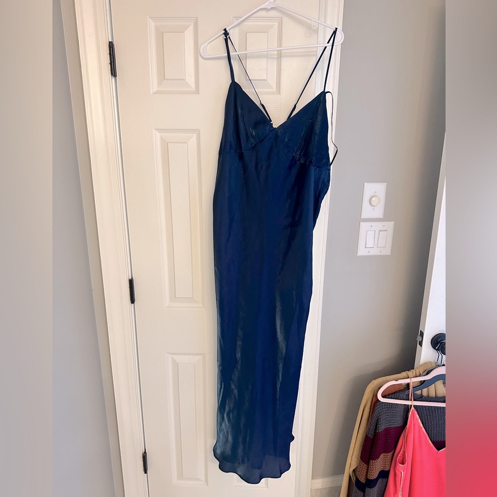 Navy blue, shimmery, long dress with spaghetti straps